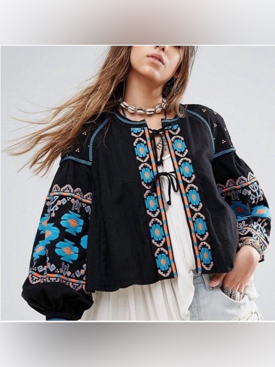 Free People Jackets & Blazers - Free People Embroidered Tie-Front Boho Jacket Southwestern Puff Sleeve Black